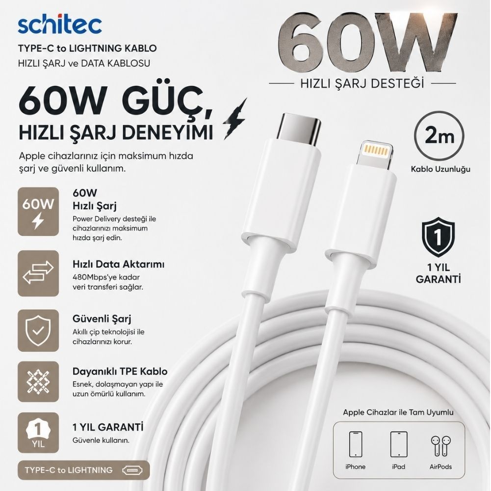 ScHitec 3A 60W Type-C to Lightning Hızlı Data ve Şarj Kablosu 2 Metre Beyaz SX252M